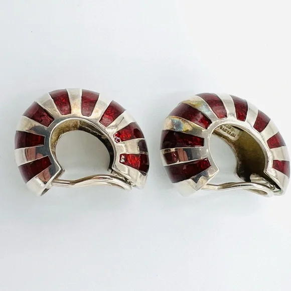 Tiffany & Co. Sterling Silver Red Enamel Shrimp Shell Clip Earrings. - Picture 2 of 8